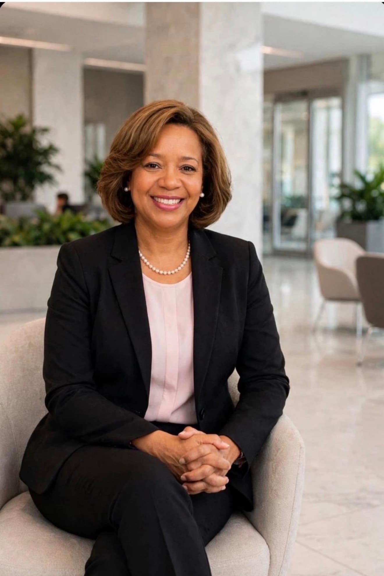 Smiling woman in a black blazer and pearls sitting in a modern office lounge.