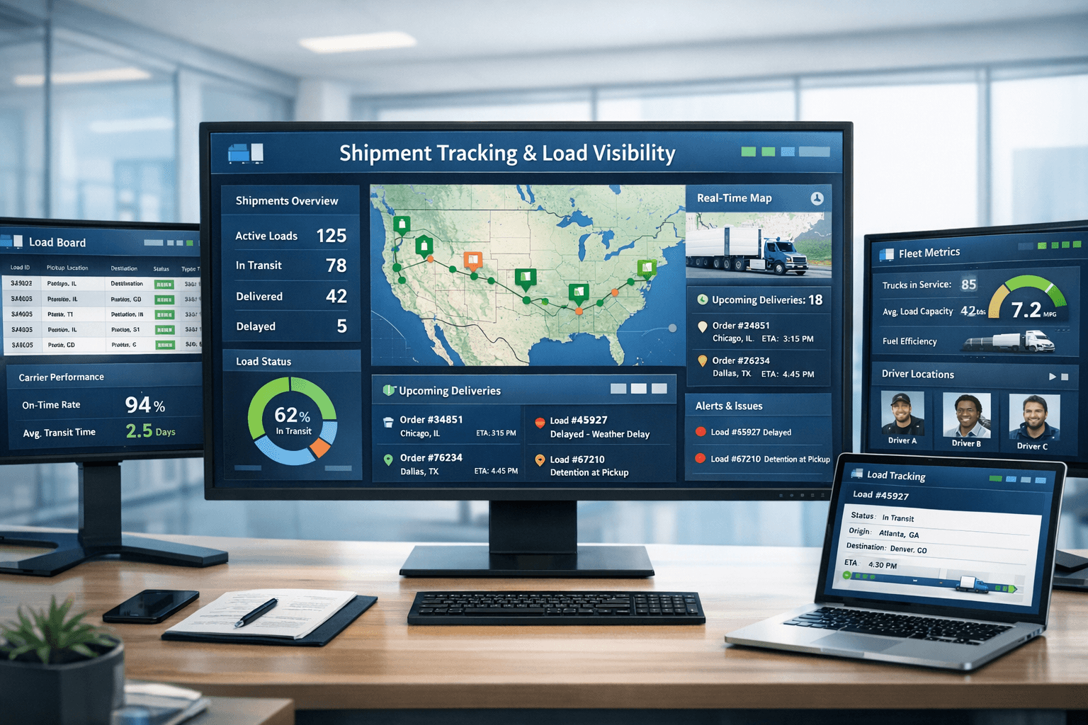Transportation management system dashboard showing real-time load tracking and carrier dispatch