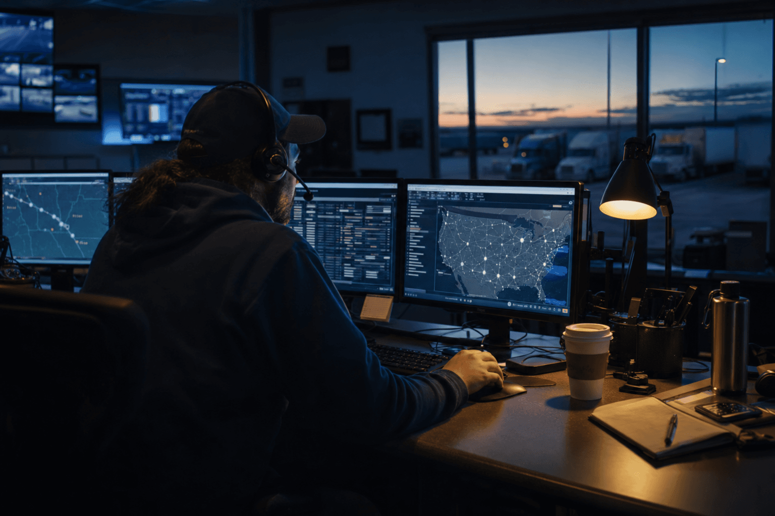 American dispatcher at operations center, headset, load boards on monitors, dim blue-lit room, no visible face, USA logistics command
