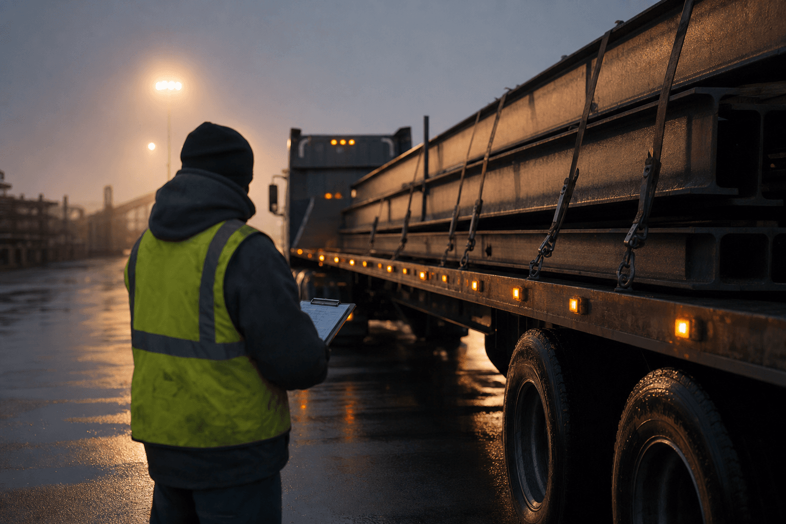 American truck driver inspecting flatbed trailer at dawn, hi-vis vest, freight terminal, no visible face, USA logistics professional