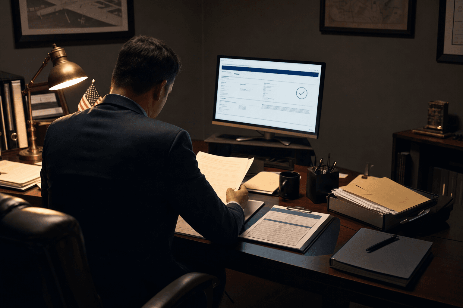 American logistics professional reviewing compliance documents at a dark wood desk, U.S. flag in background, SAM.gov verification on screen, GovCon compliance atmosphere, no visible face