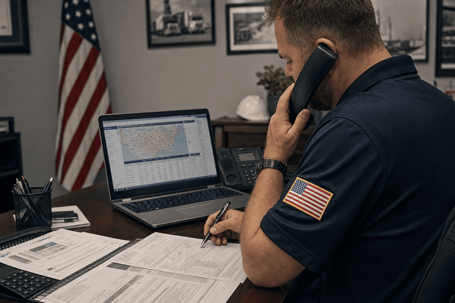 American freight broker on phone at desk, U.S. flag patch, shipping documents, logistics software on laptop, USA small business professional