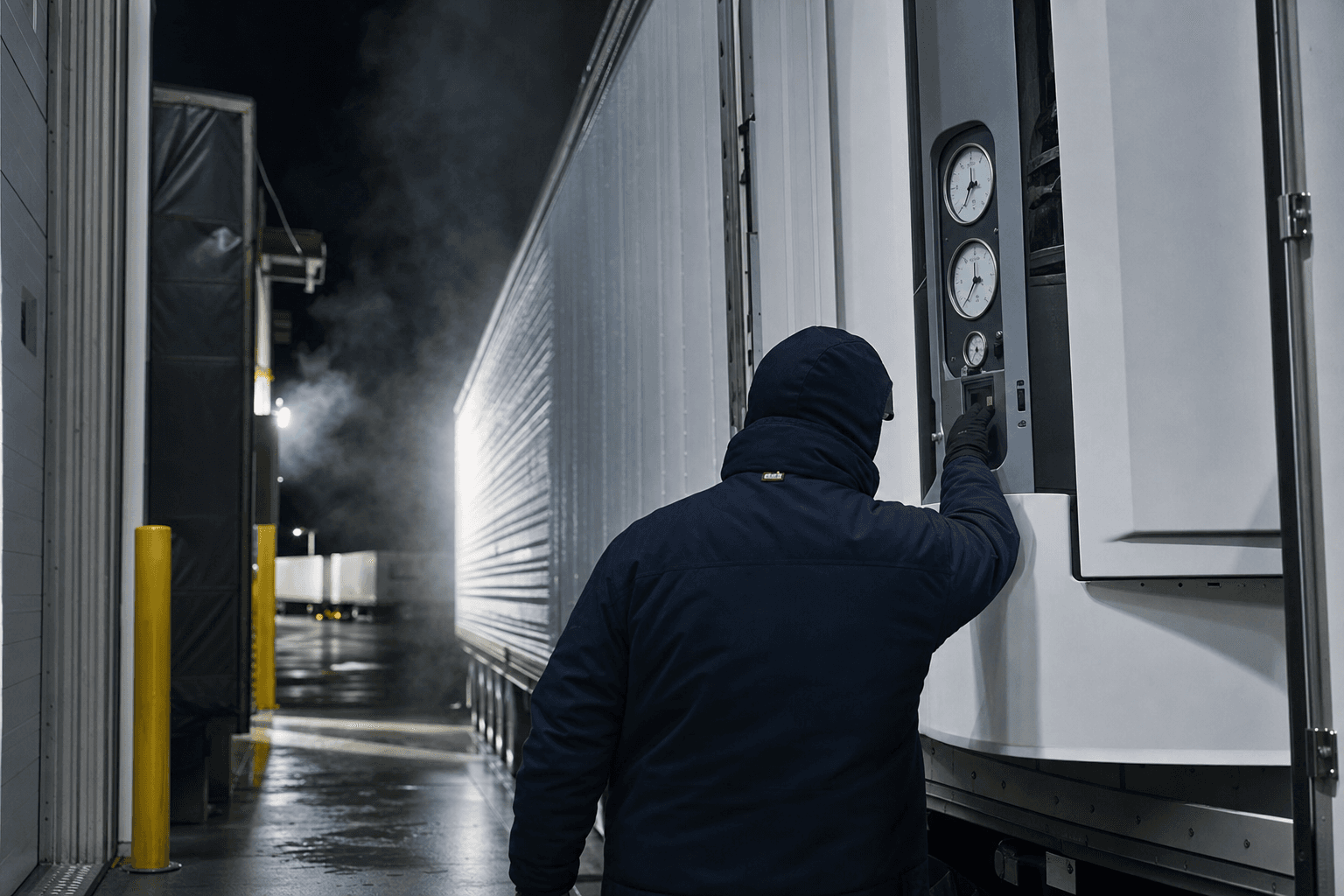 American logistics coordinator checking reefer temperature gauges at night, cold chain, no visible face, USA operations
