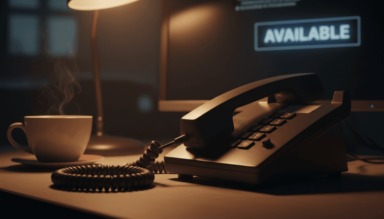 Desk phone glowing under a warm lamp in a dark office, receiver slightly lifted