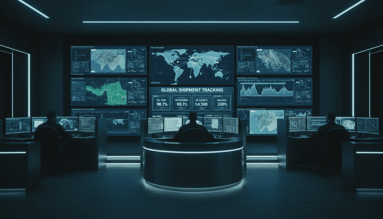 Operations command center with logistics tracking dashboards on monitors