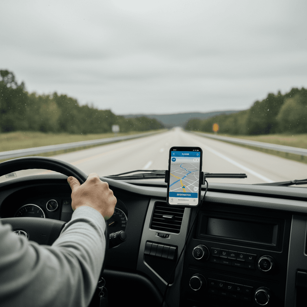 Smartphone with GPS map mounted on a truck dashboard