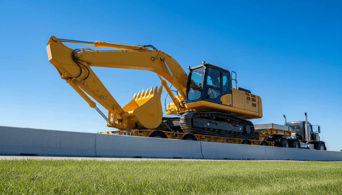 Excavator secured on a step deck trailer
