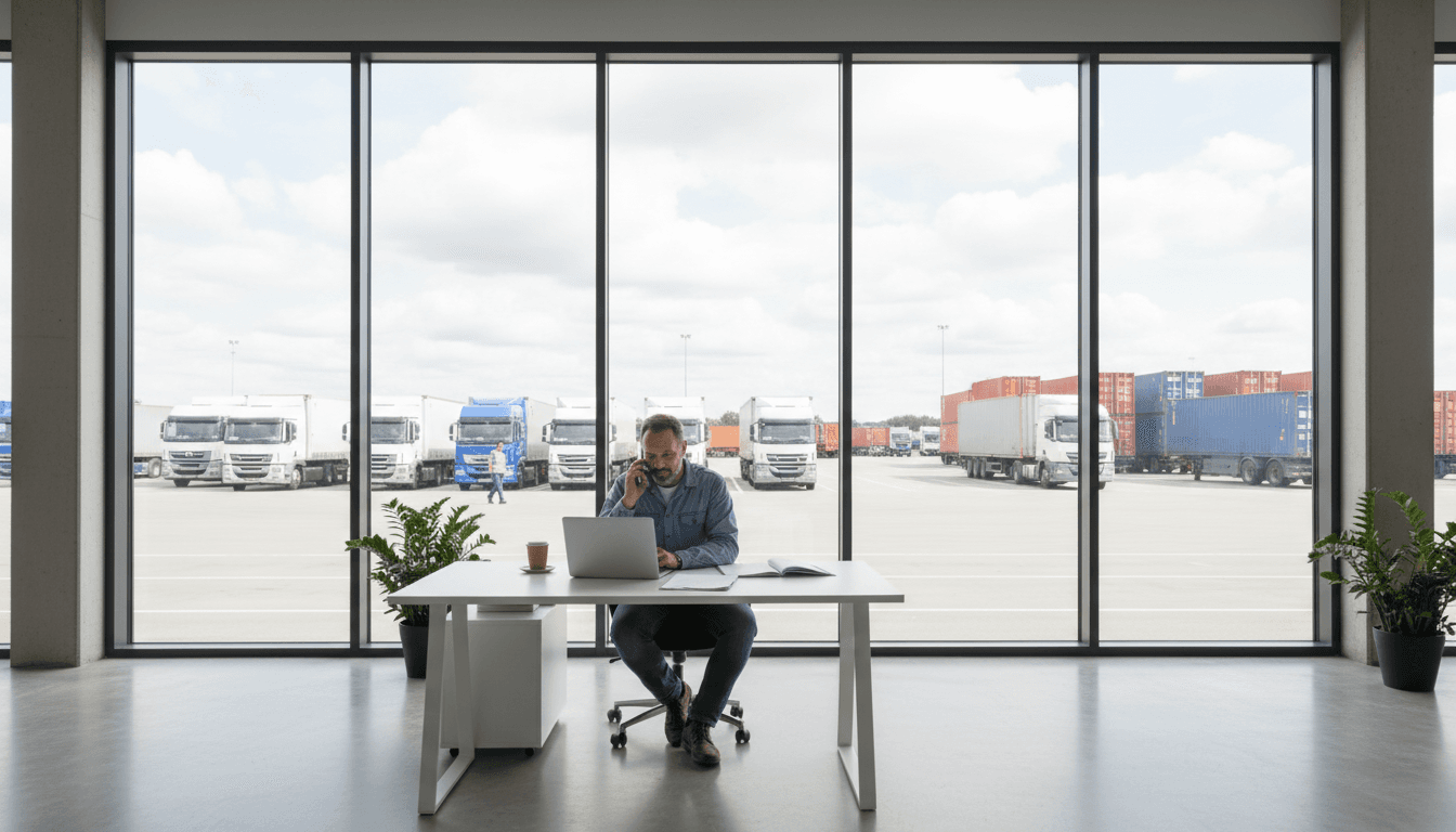 Truck driver using a laptop and phone in a logistics office with trucks visible outside