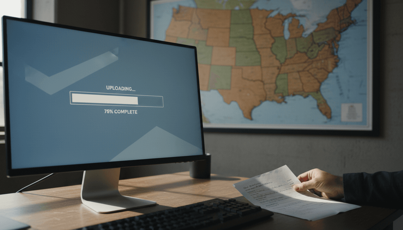 Driver's hand placing a paper bill of lading next to a laptop showing a document upload interface