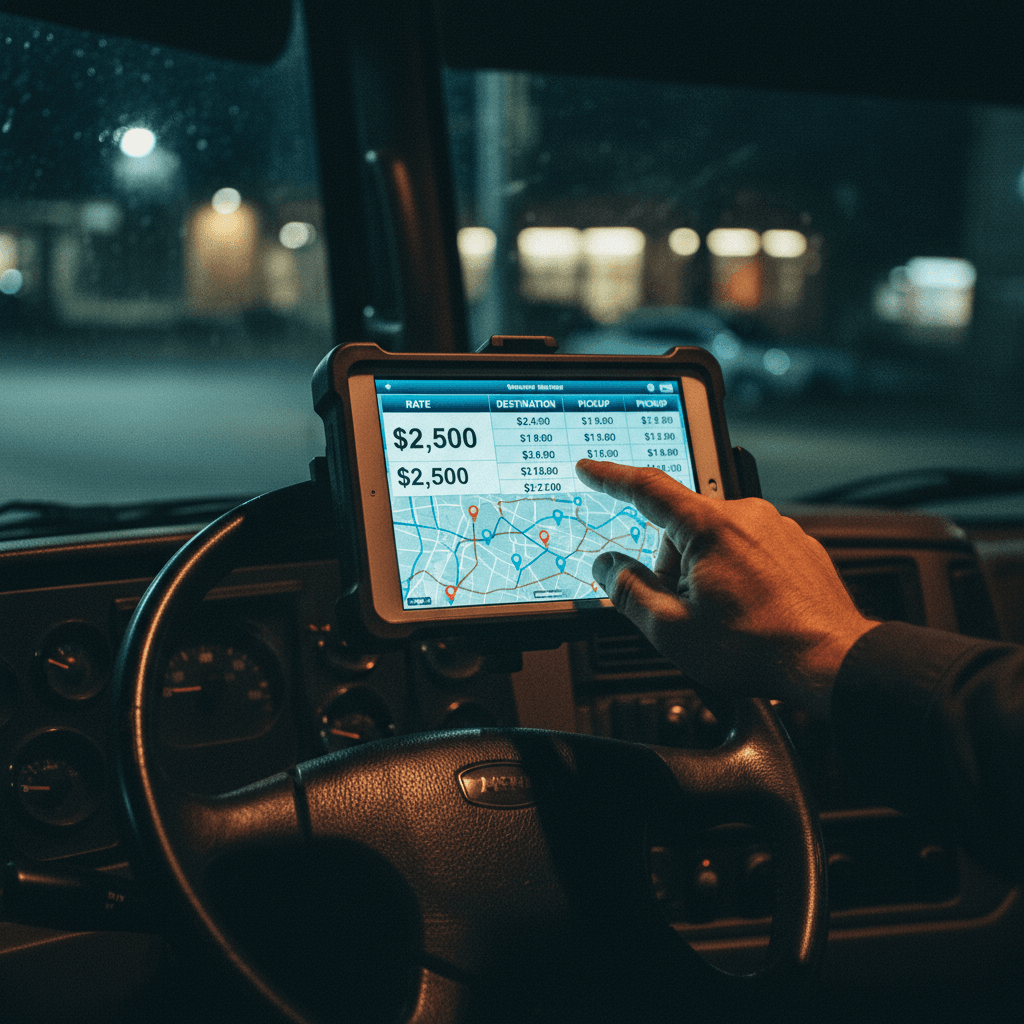 Tablet showing load board data inside a truck cabin