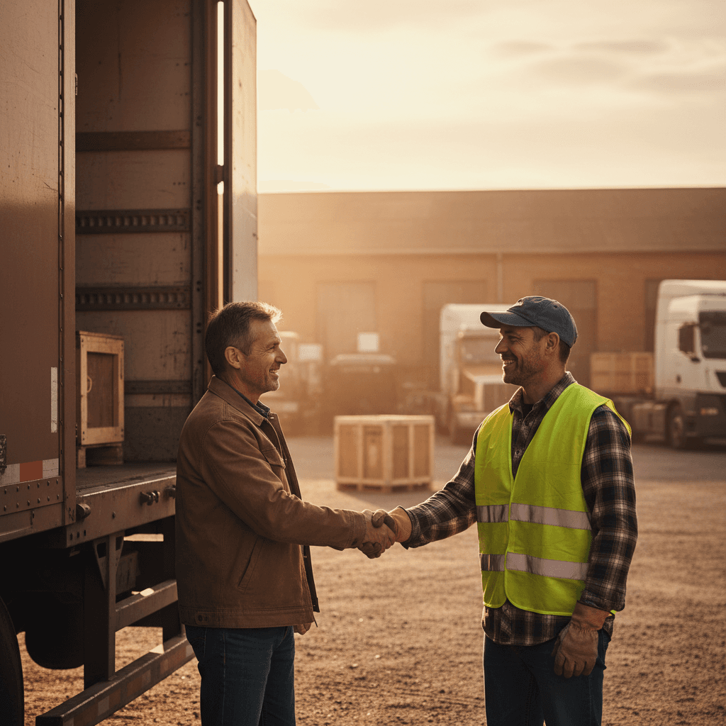 Two people shaking hands next to a semi-trailer at a loading dock
