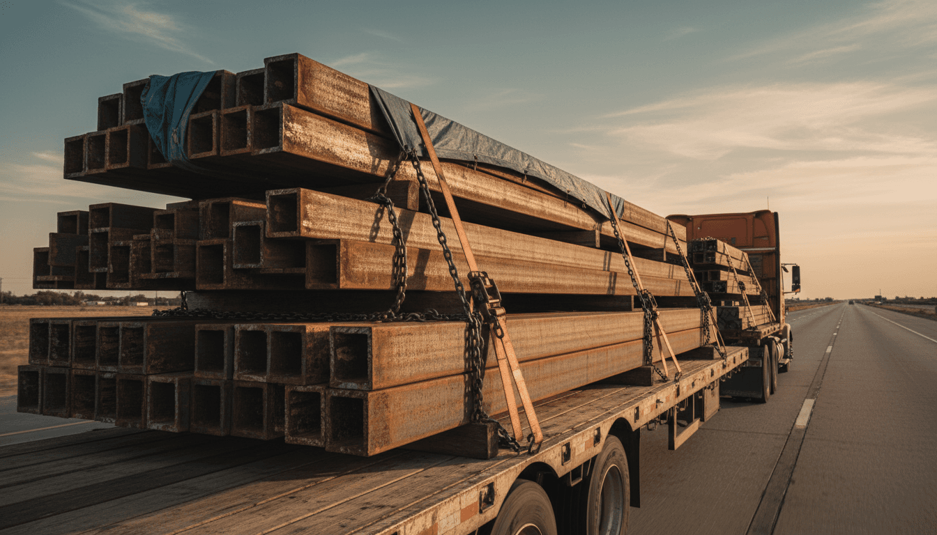 Flatbed trailer carrying heavy steel beams