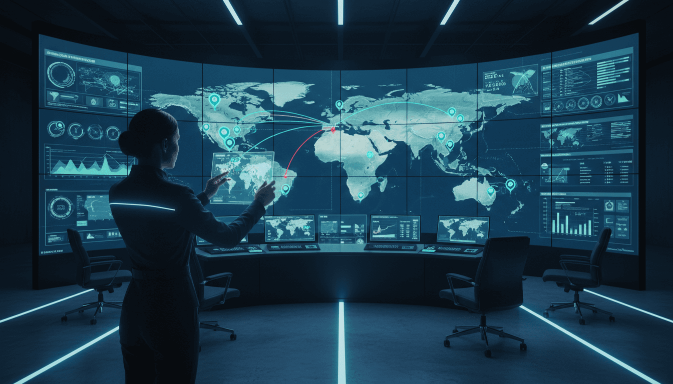 Logistics dispatcher monitoring freight routes on large screens in a control center