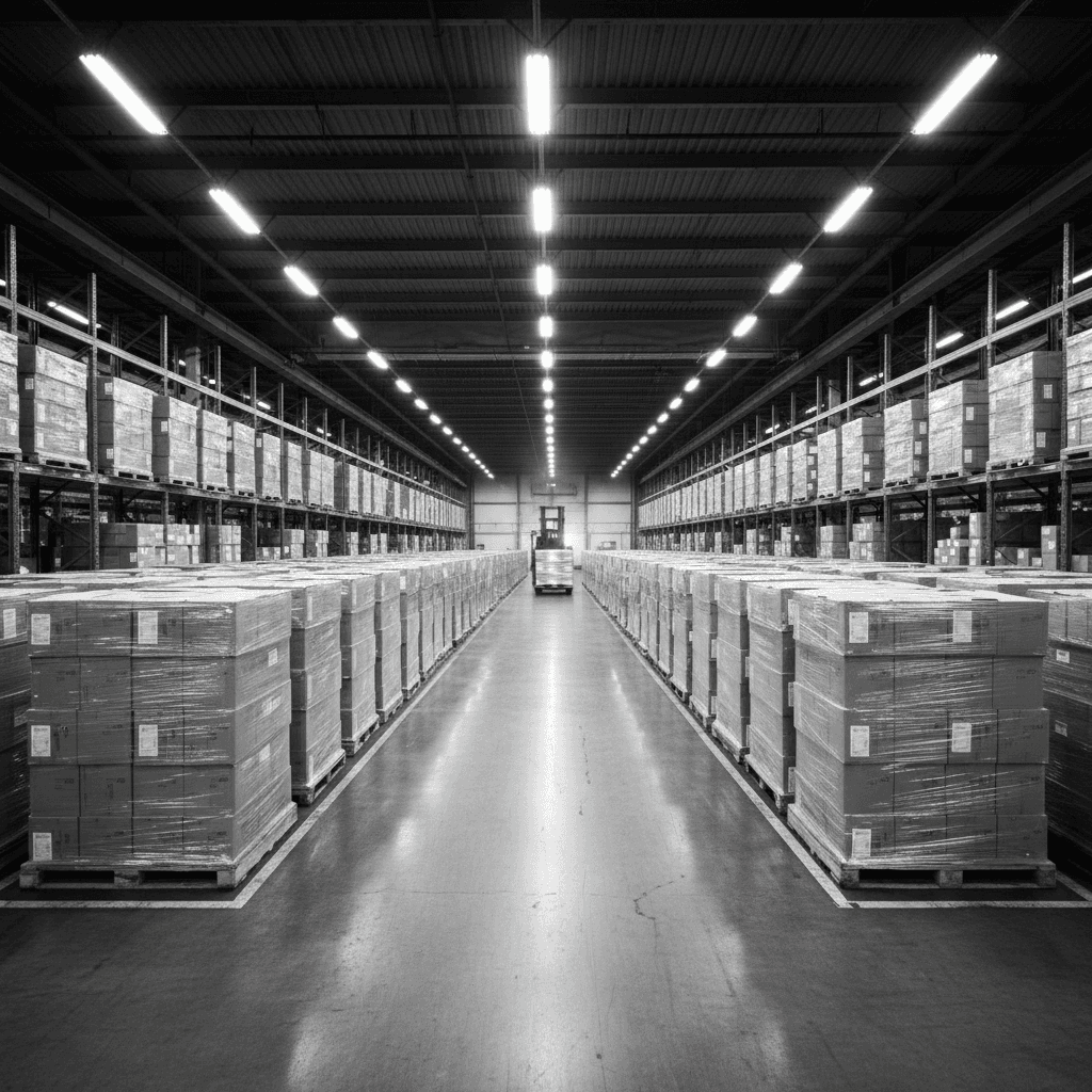 Shipping bay with pallets and a forklift operator