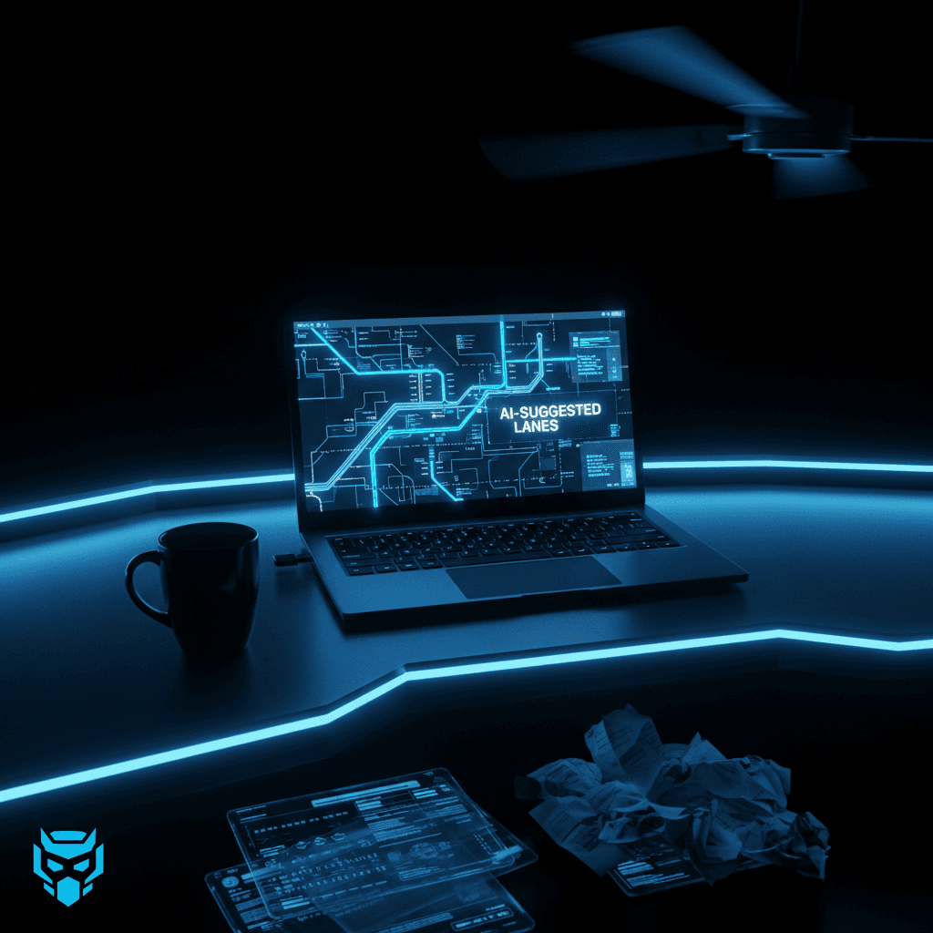 Laptop with routing map glowing on a desk at night