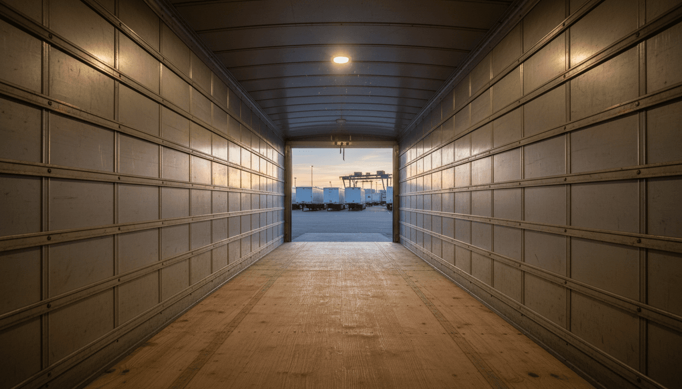 View down the center aisle of an empty dry van trailer