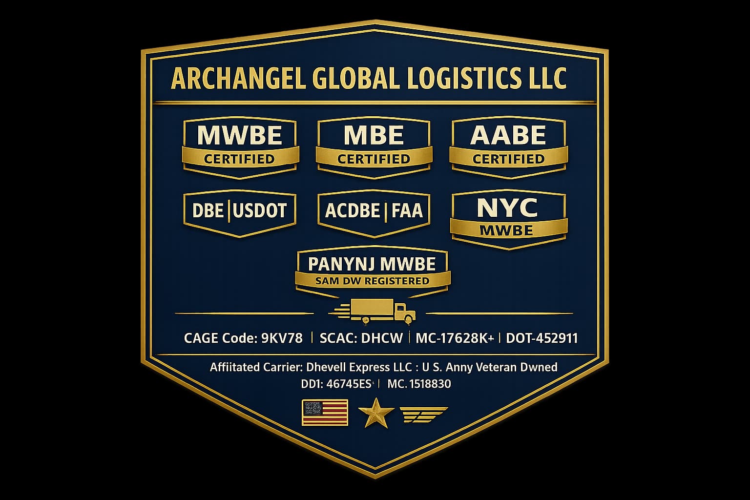 Archangel Global Logistics LLC shield displaying various business certifications, industry codes, and carrier information.